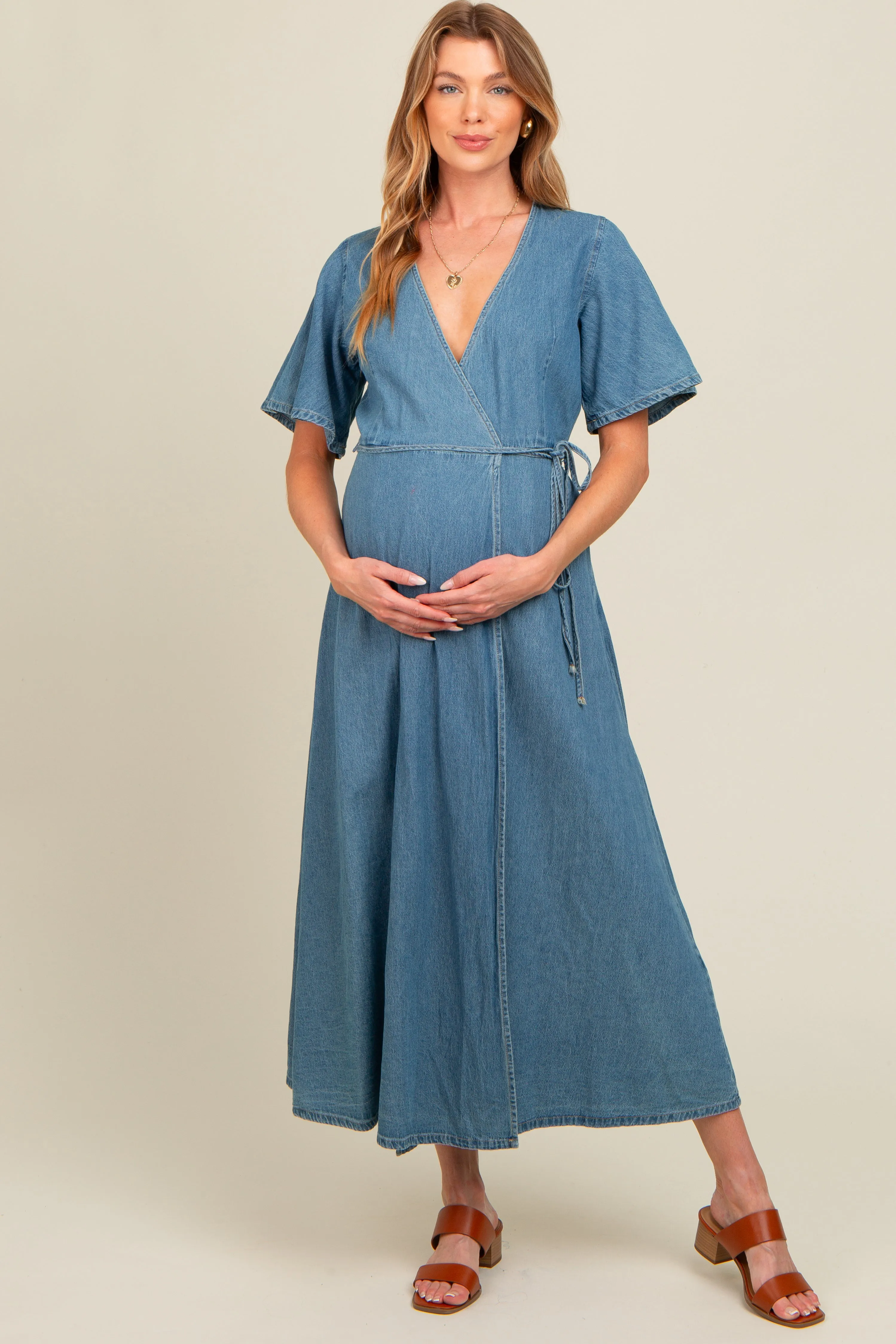 Blue Chambray Maternity Wrap Maxi Dress sold by Pinkblush