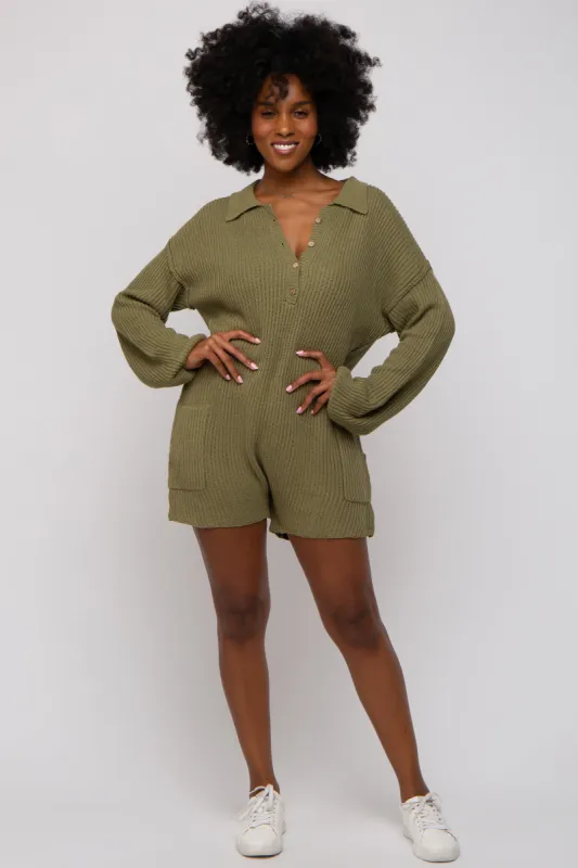 Olive Button Up Sweater Romper sold by Pinkblush