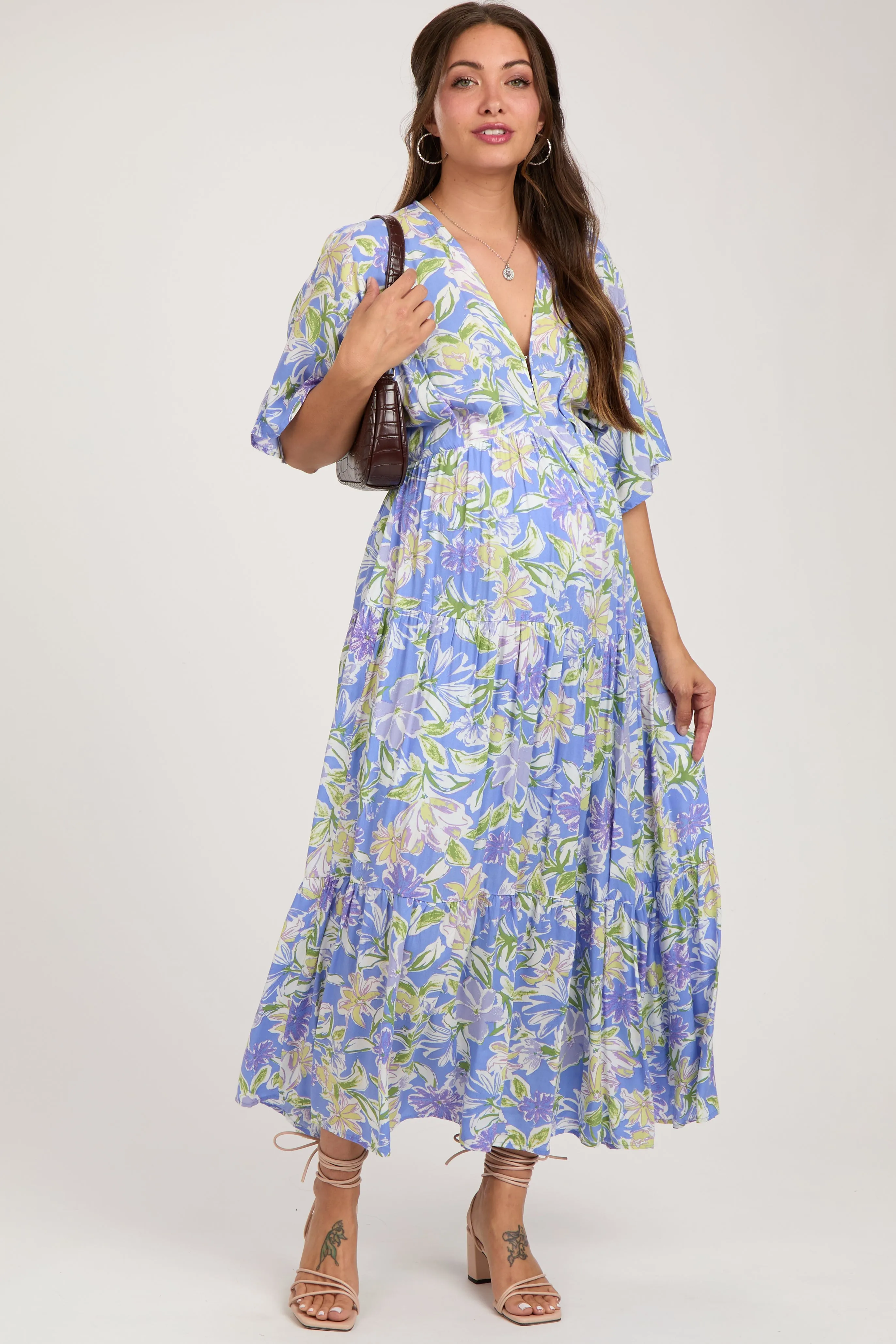 Blue Floral Dolman Sleeve Tiered Maternity Maxi Dress sold by Pinkblush product image thumbnail 2