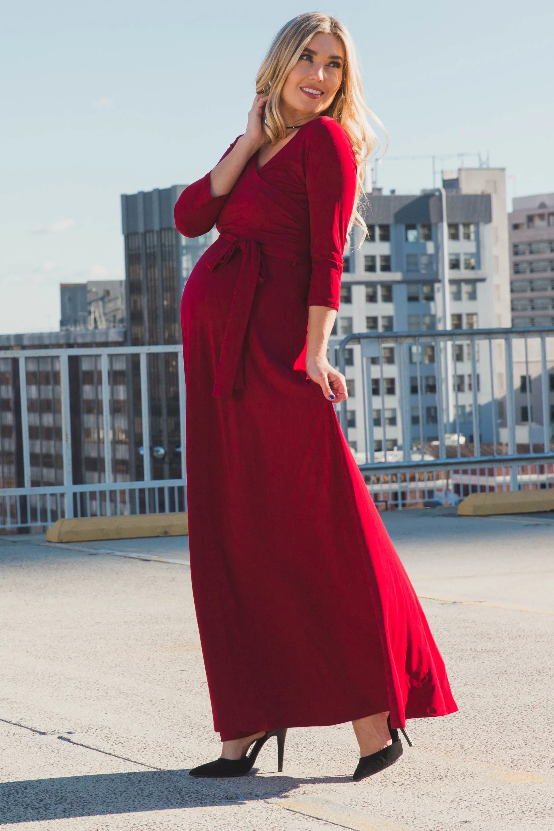 PinkBlush Burgundy Draped 3/4 Sleeve Maternity Maxi Dress sold by Pinkblush product image thumbnail 5