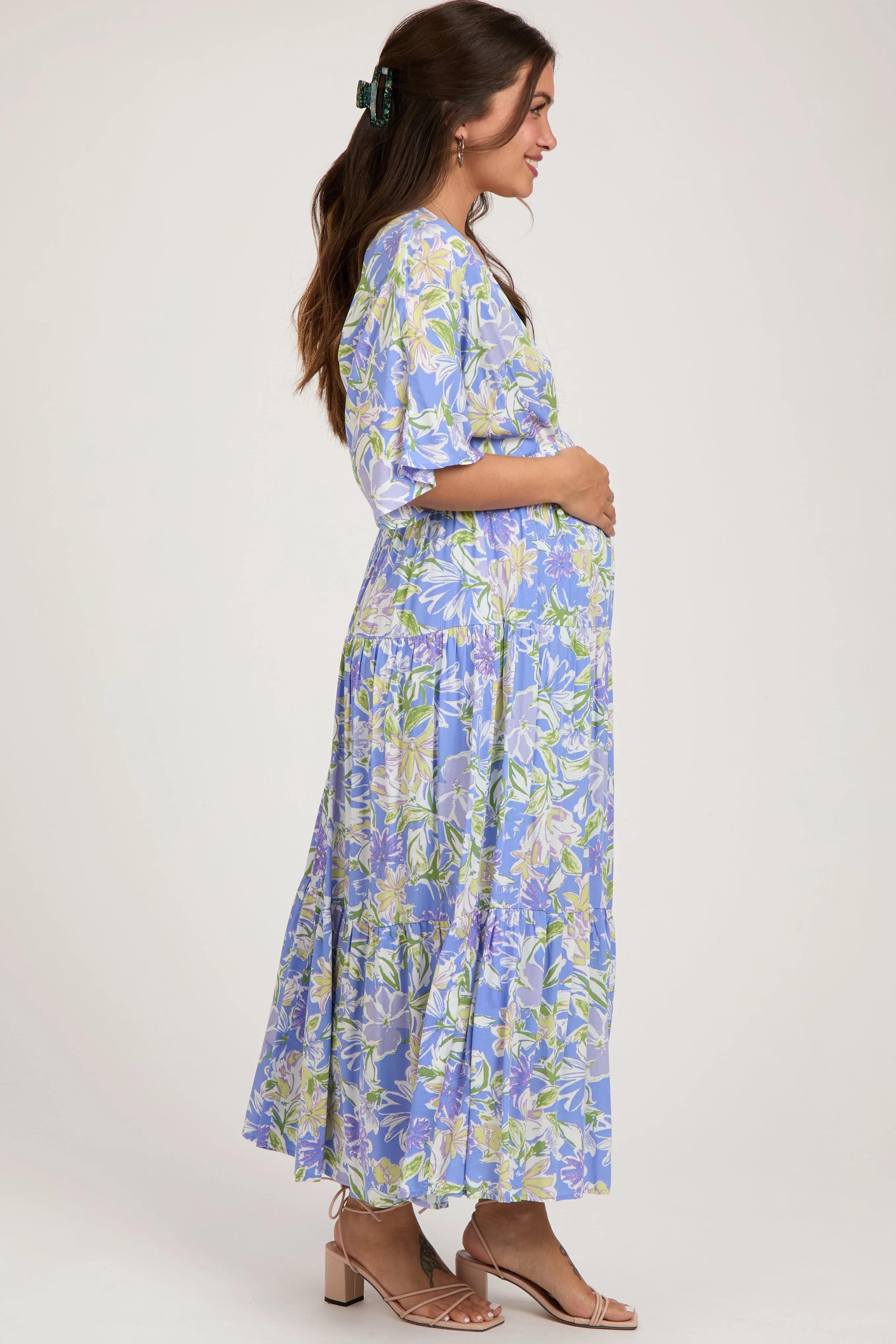 Blue Floral Dolman Sleeve Tiered Maternity Maxi Dress sold by Pinkblush product image thumbnail 3