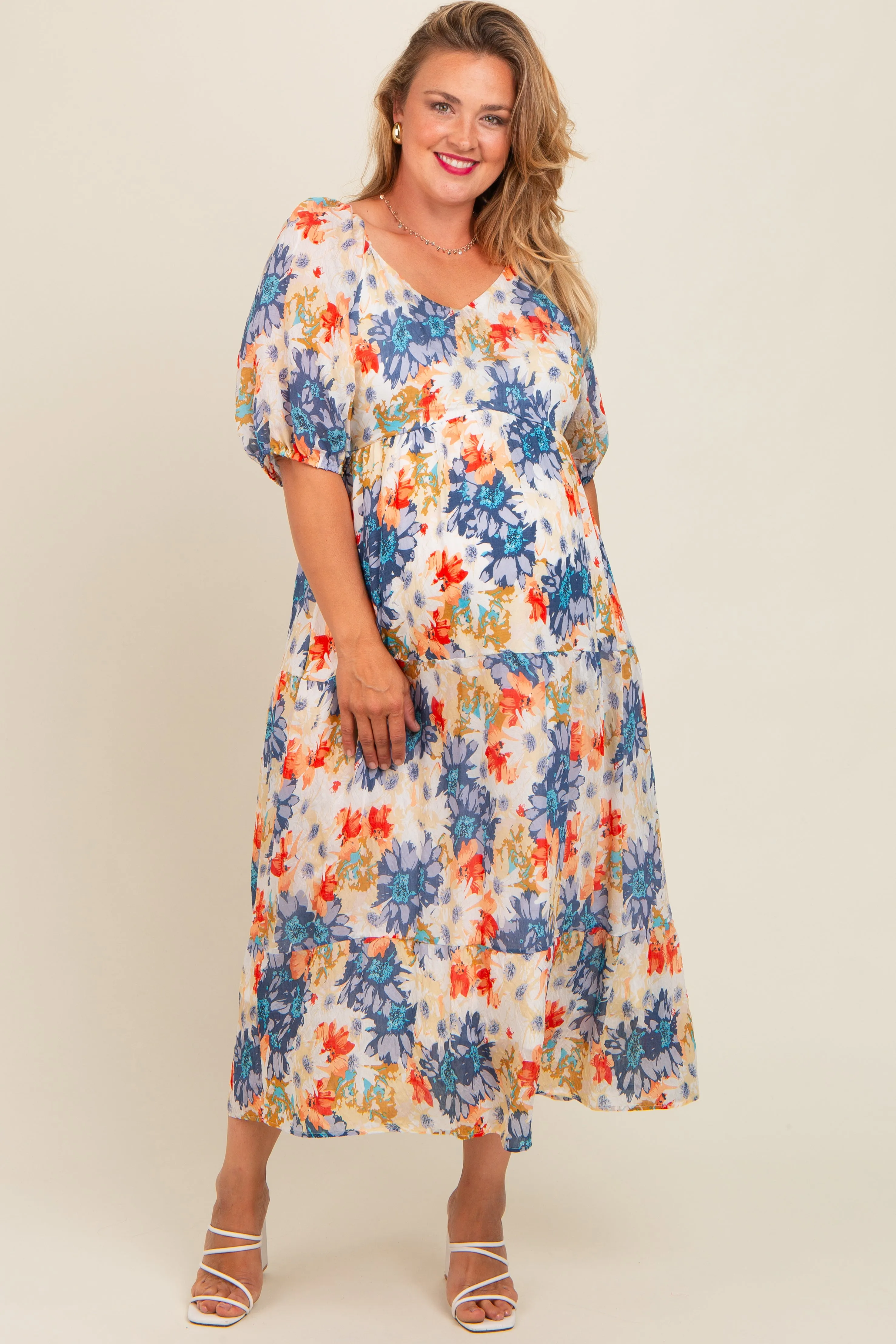 Navy Blue Floral V-Neck Short Puff Sleeve Tiered Maternity Plus Midi Dress sold by Pinkblush