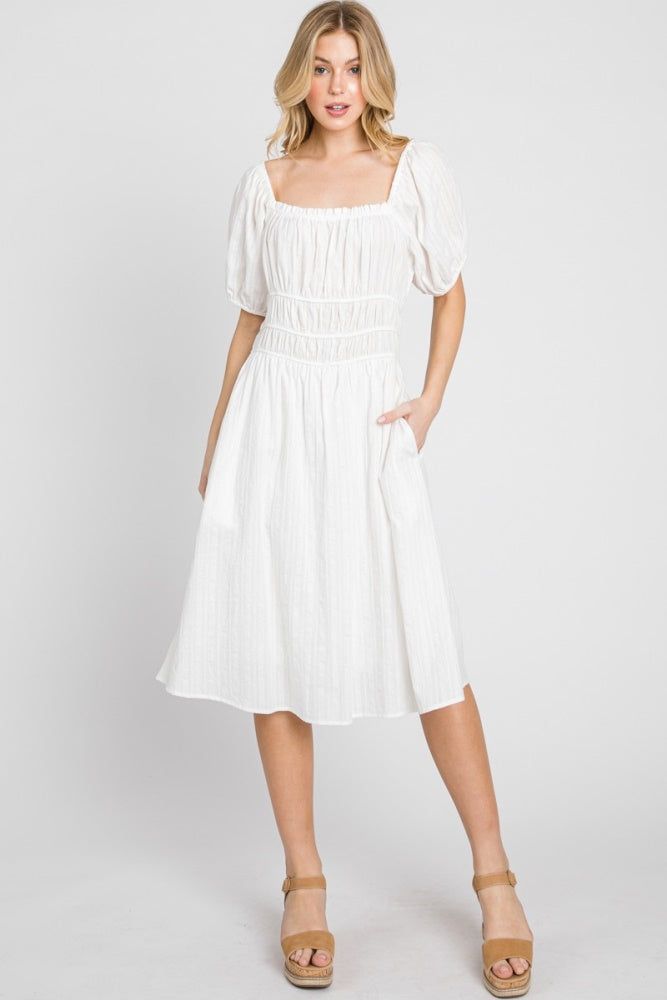 White Solid Textured Dress W/ Elastic Details sold by Pinkblush