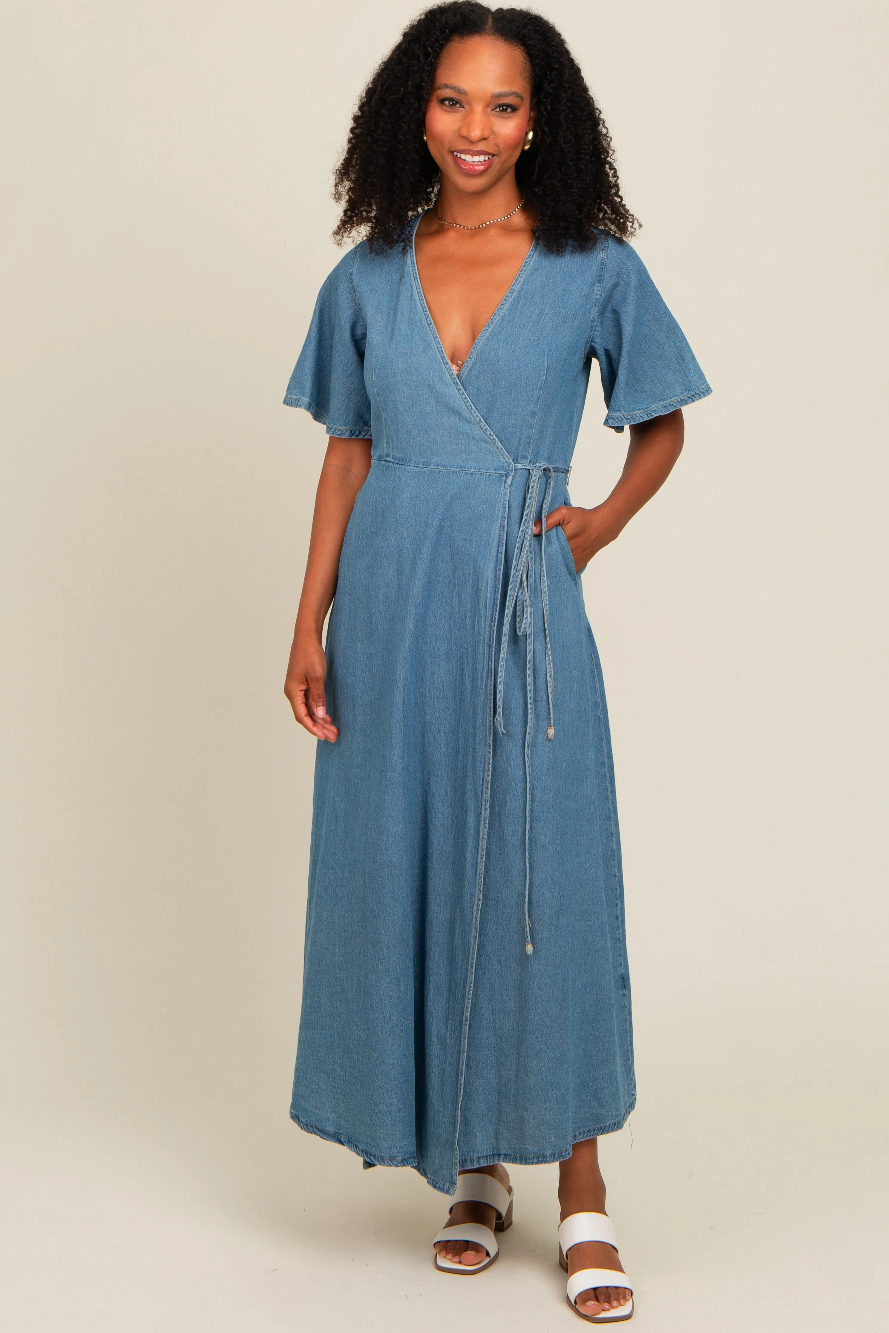 Blue Chambray Maternity Wrap Maxi Dress sold by Pinkblush product image thumbnail 3