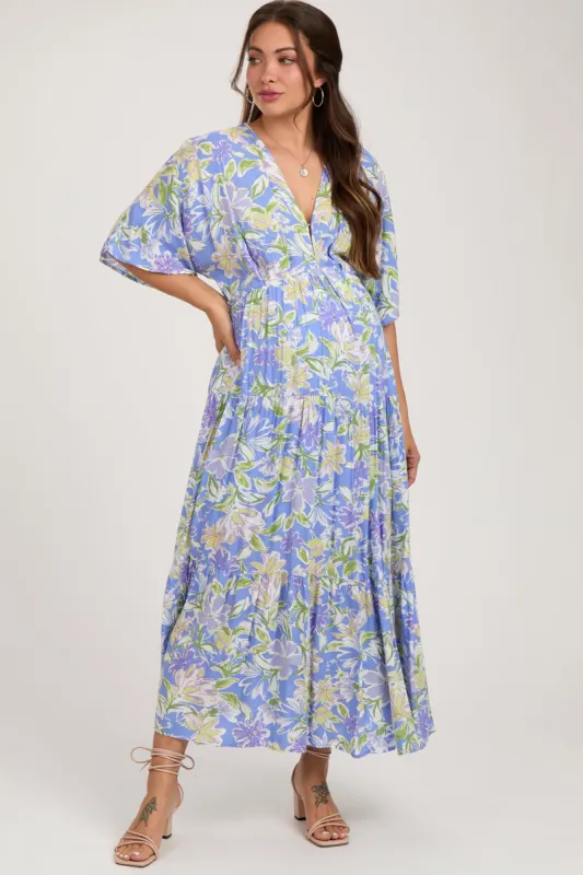 Blue Floral Dolman Sleeve Tiered Maternity Maxi Dress sold by Pinkblush