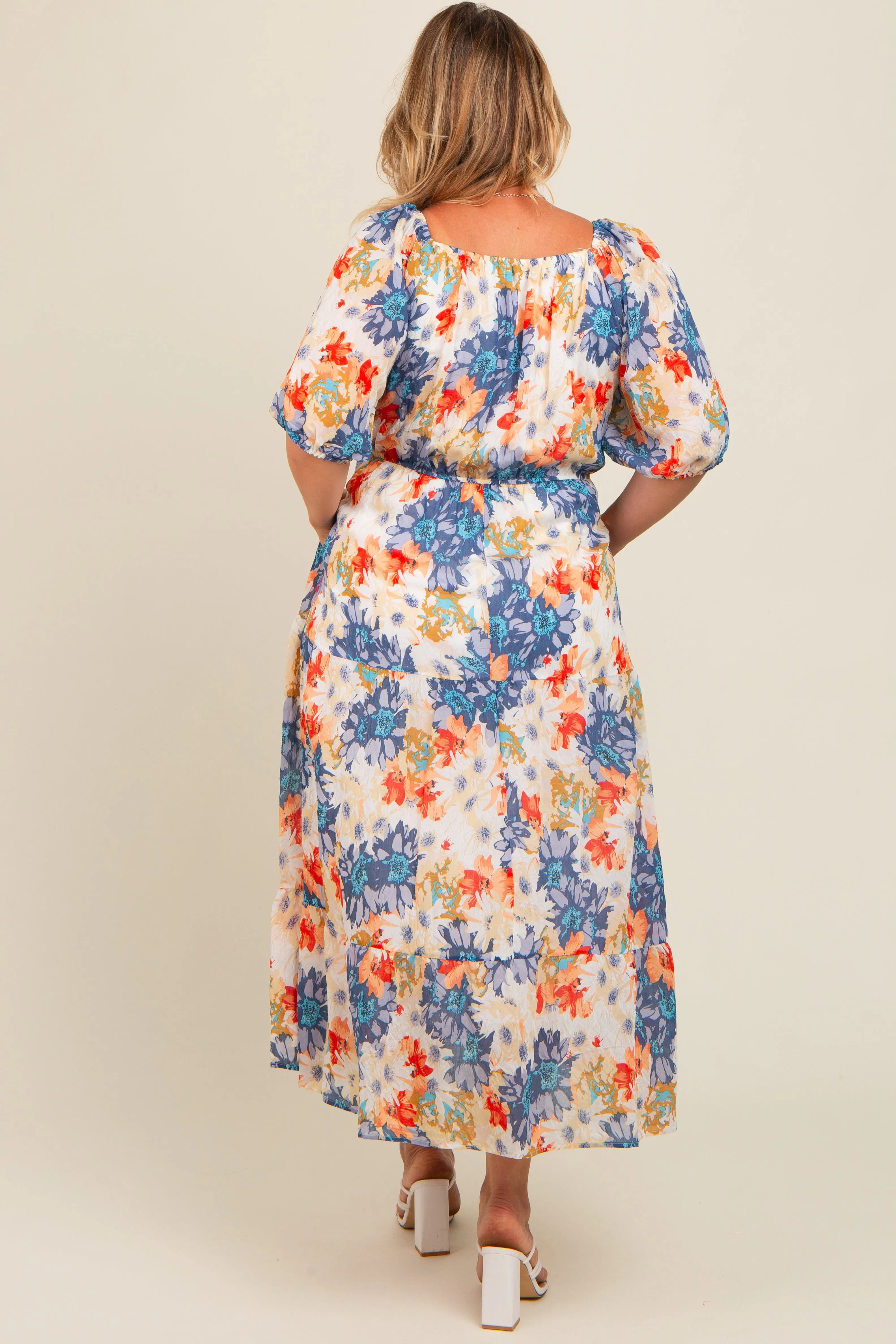 Navy Blue Floral V-Neck Short Puff Sleeve Tiered Maternity Plus Midi Dress sold by Pinkblush product image thumbnail 2