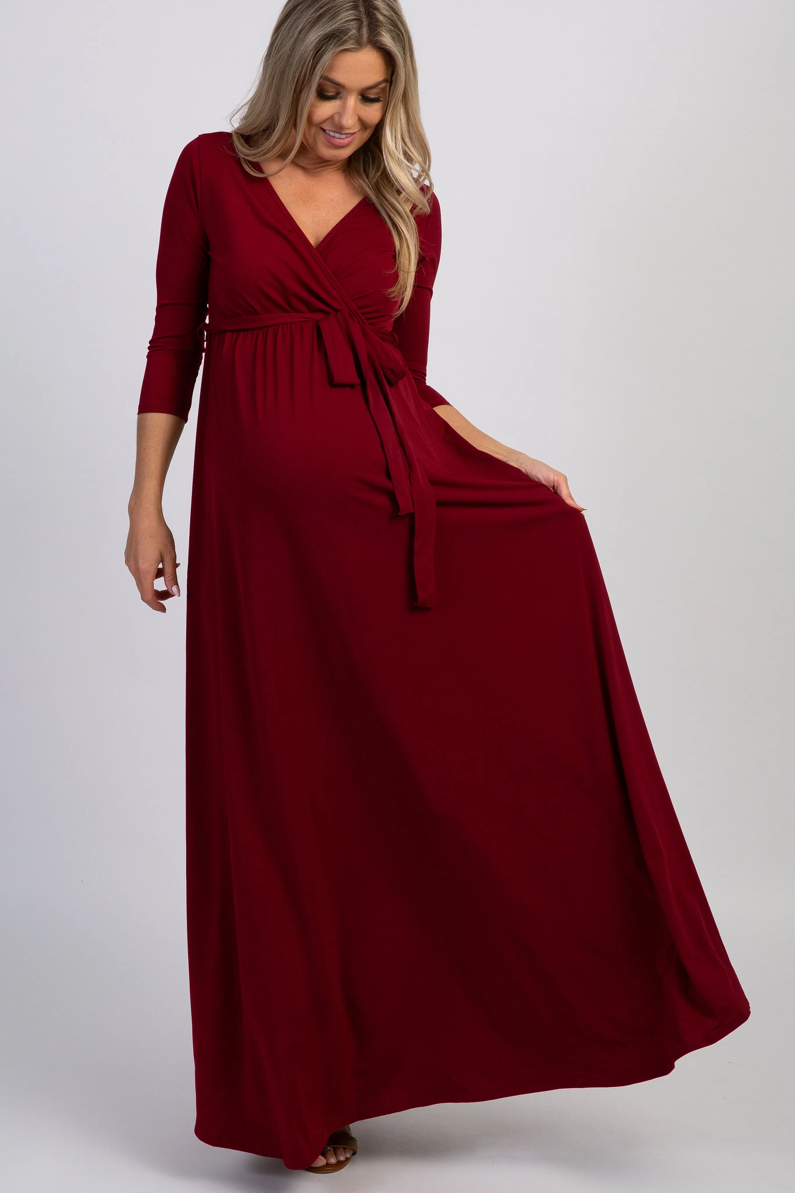 PinkBlush Burgundy Draped 3/4 Sleeve Maternity Maxi Dress sold by Pinkblush