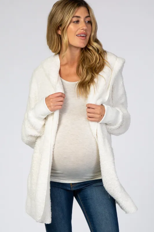 Ivory Fuzzy Hooded Long Sleeve Maternity Jacket sold by Pinkblush