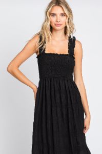 Black Smocked Square Neck Midi Dress sold by Pinkblush