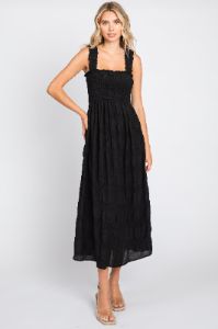Black Smocked Square Neck Midi Dress sold by Pinkblush