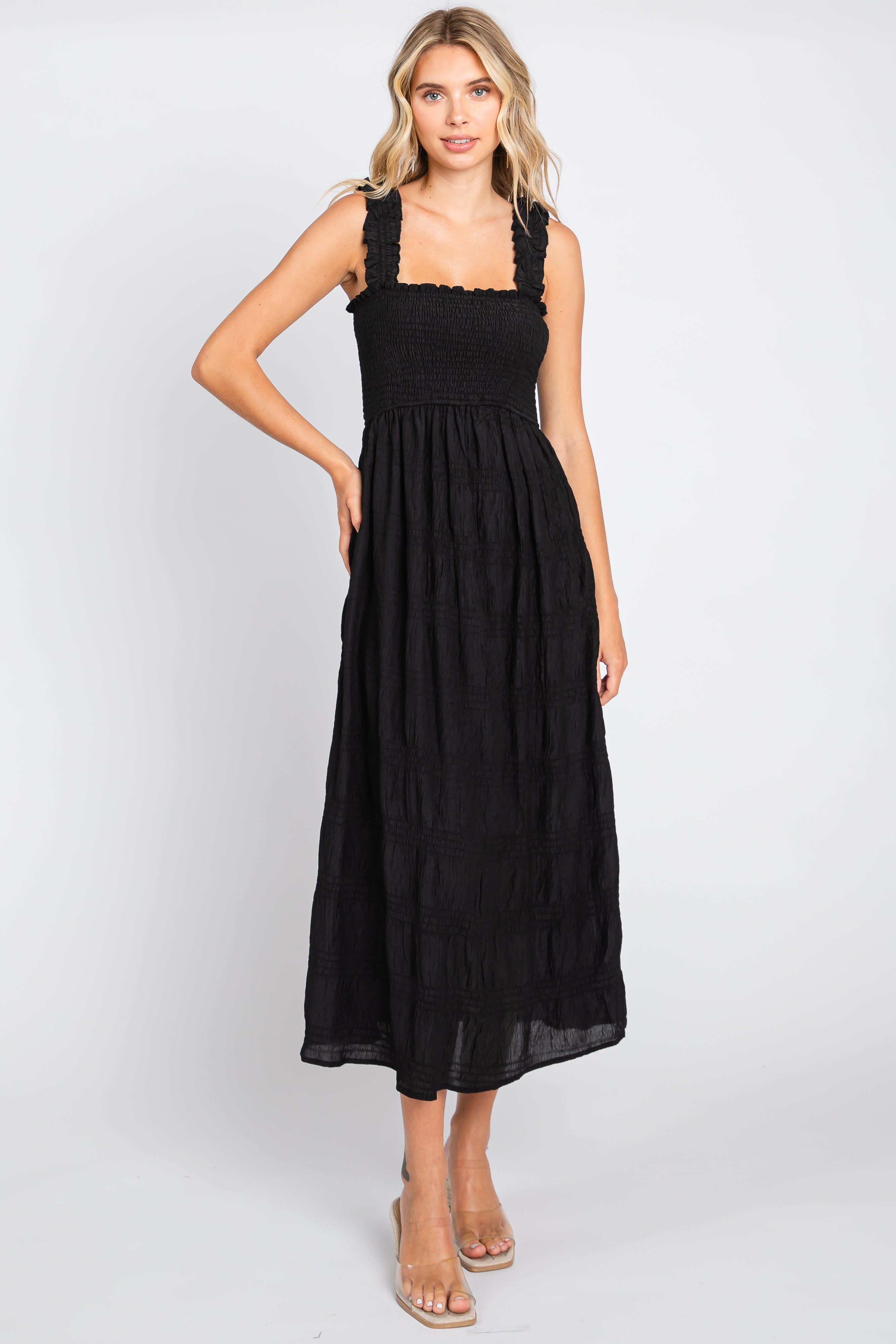 Black Smocked Square Neck Midi Dress sold by Pinkblush