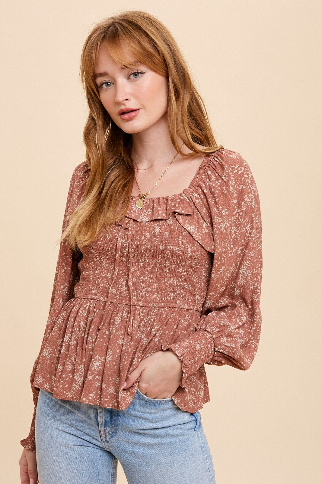 Rust Smocked Ruffled Top sold by Pinkblush