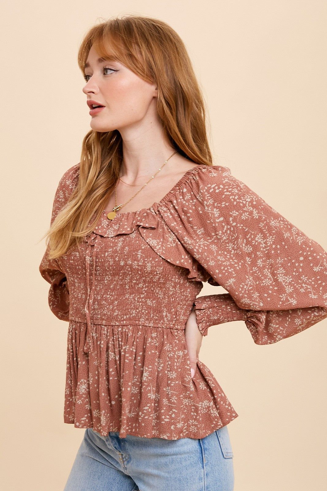 Rust Smocked Ruffled Top sold by Pinkblush product image thumbnail 2