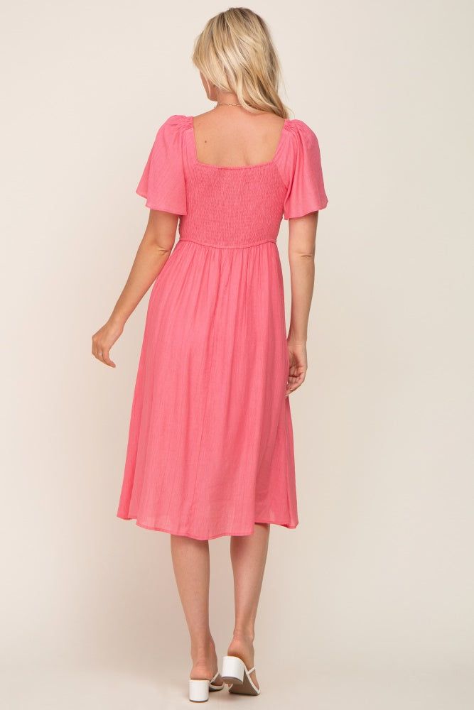 Coral Smocked Square Neck Flutter Short Sleeve Midi Dress sold by Pinkblush product image thumbnail 3