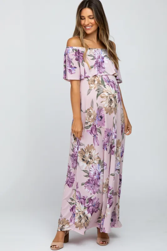 Lavender Floral Flounce Off Shoulder Maternity Maxi Dress sold by Pinkblush