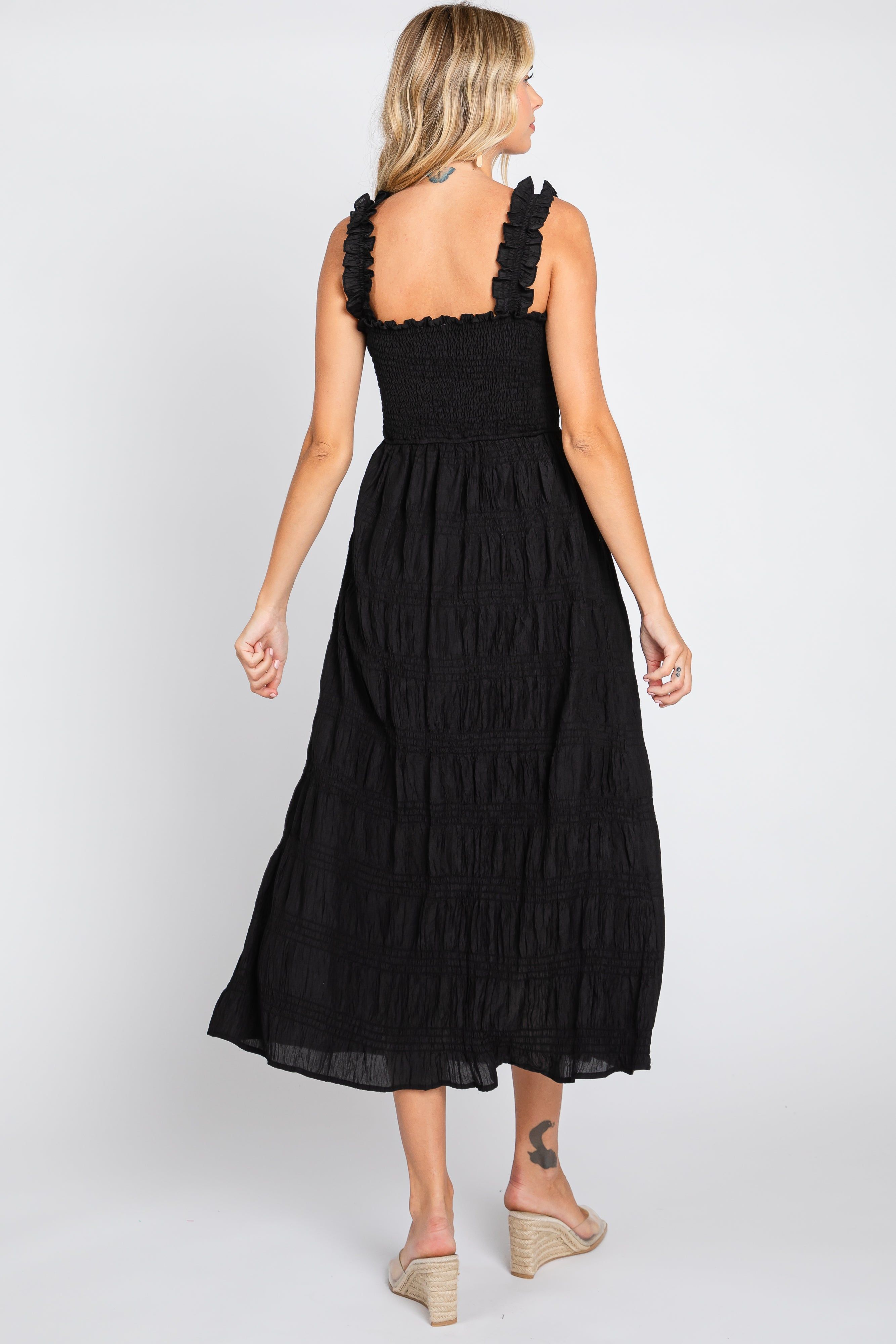 Black Smocked Square Neck Midi Dress sold by Pinkblush product image thumbnail 3