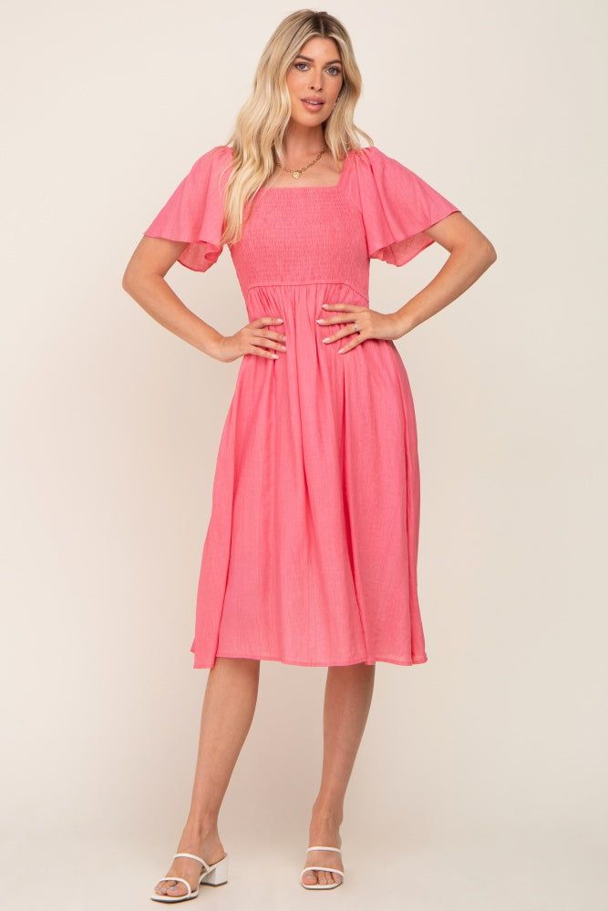 Coral Smocked Square Neck Flutter Short Sleeve Midi Dress sold by Pinkblush product image thumbnail 4