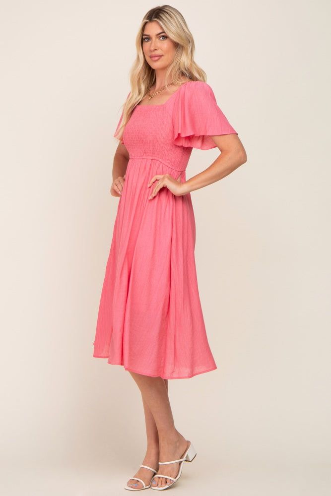 Coral Smocked Square Neck Flutter Short Sleeve Midi Dress sold by Pinkblush product image thumbnail 2