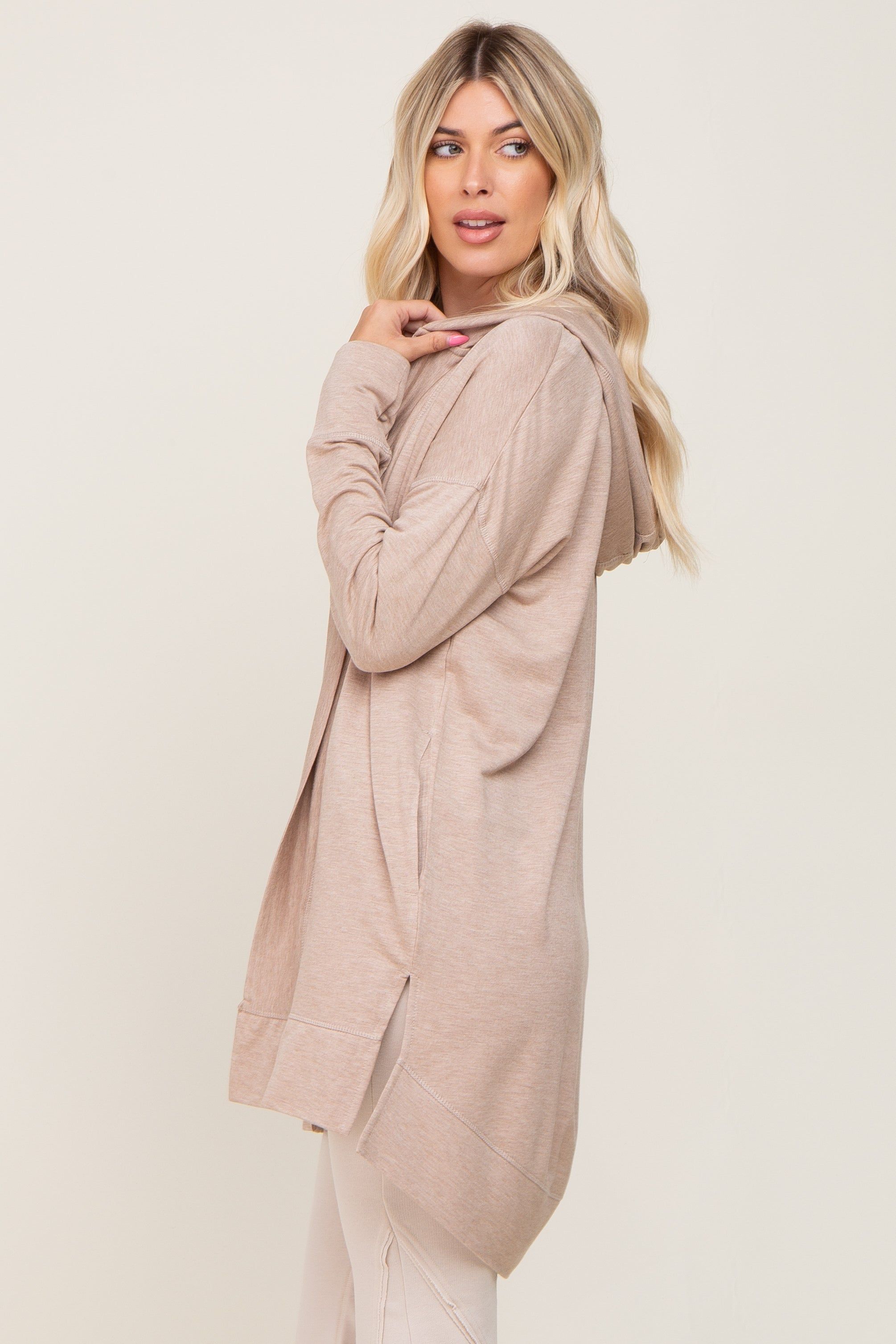 Beige Side Slit Hooded Cardigan sold by Pinkblush product image thumbnail 2