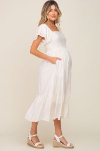 Cream Flutter Sleeve Maternity Midi Dress sold by Pinkblush
