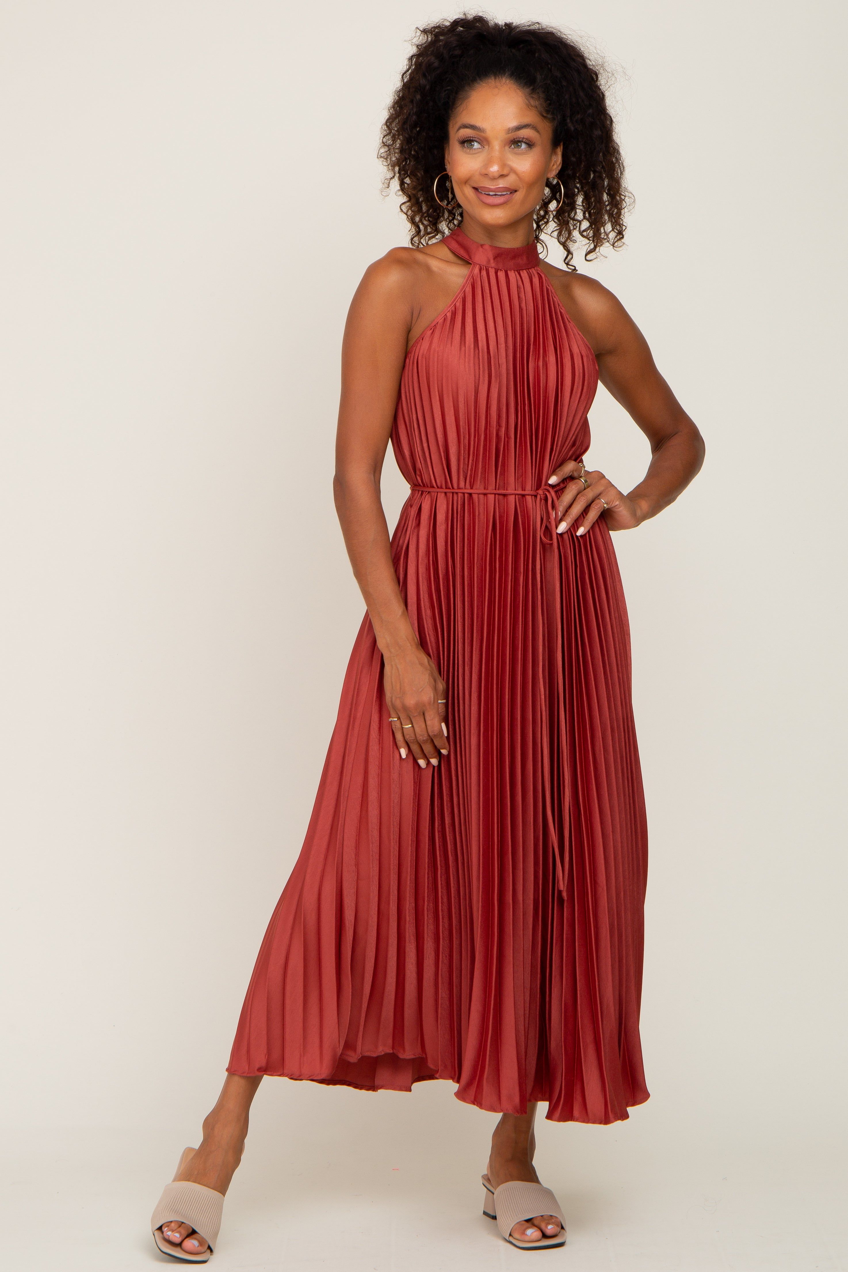 Rust Pleated Halter Dress sold by Pinkblush