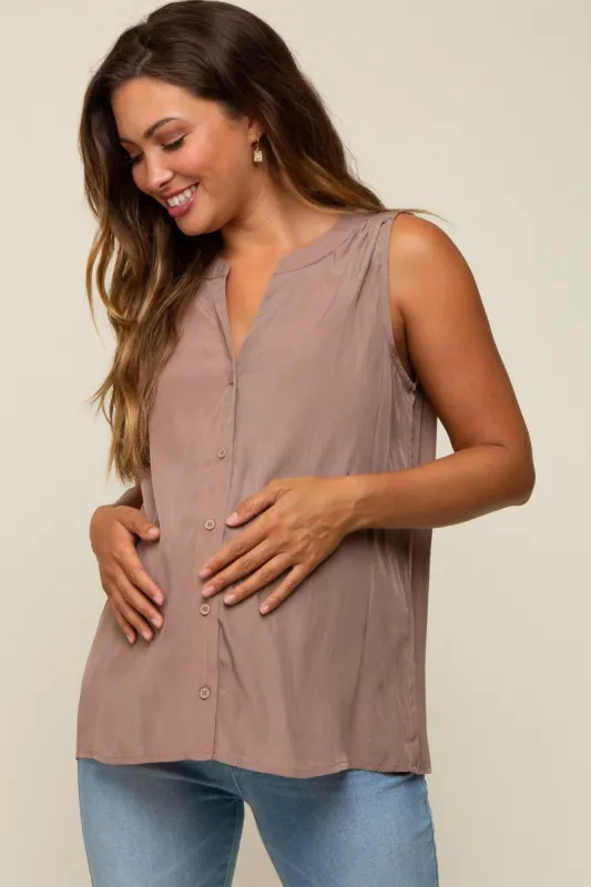 Mocha Sleeveless Front Button Maternity Top sold by Pinkblush