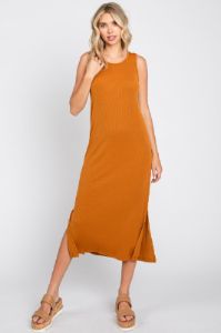 Camel Basic Ribbed Side Slit Midi Dress sold by Pinkblush