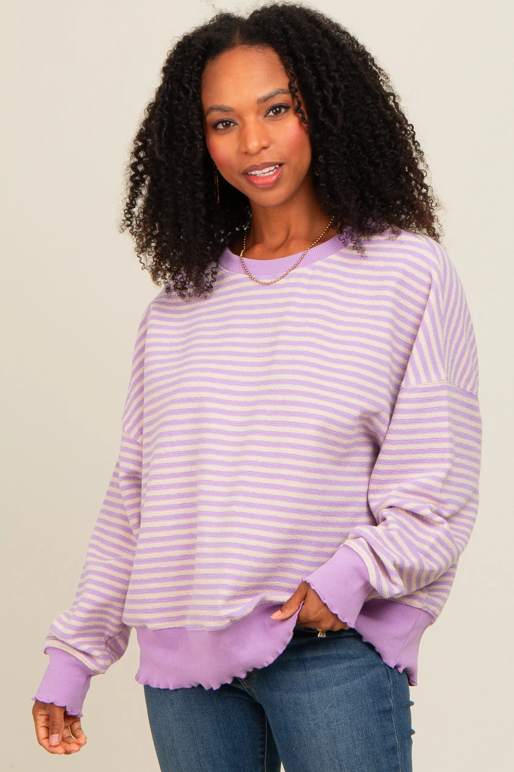 Lavender Striped Ruffle Hem Long Sleeve Top sold by Pinkblush