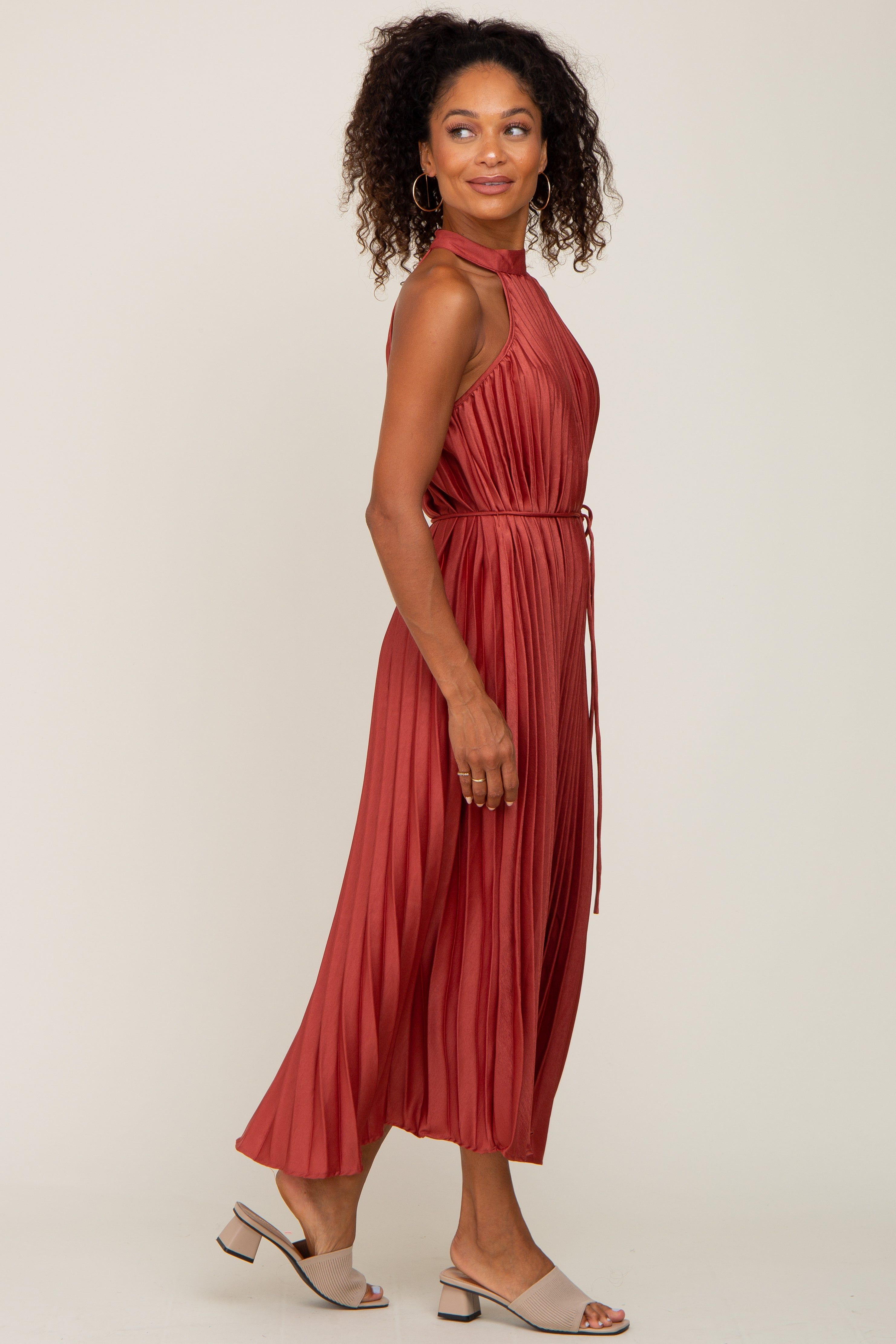 Rust Pleated Halter Dress sold by Pinkblush product image thumbnail 2