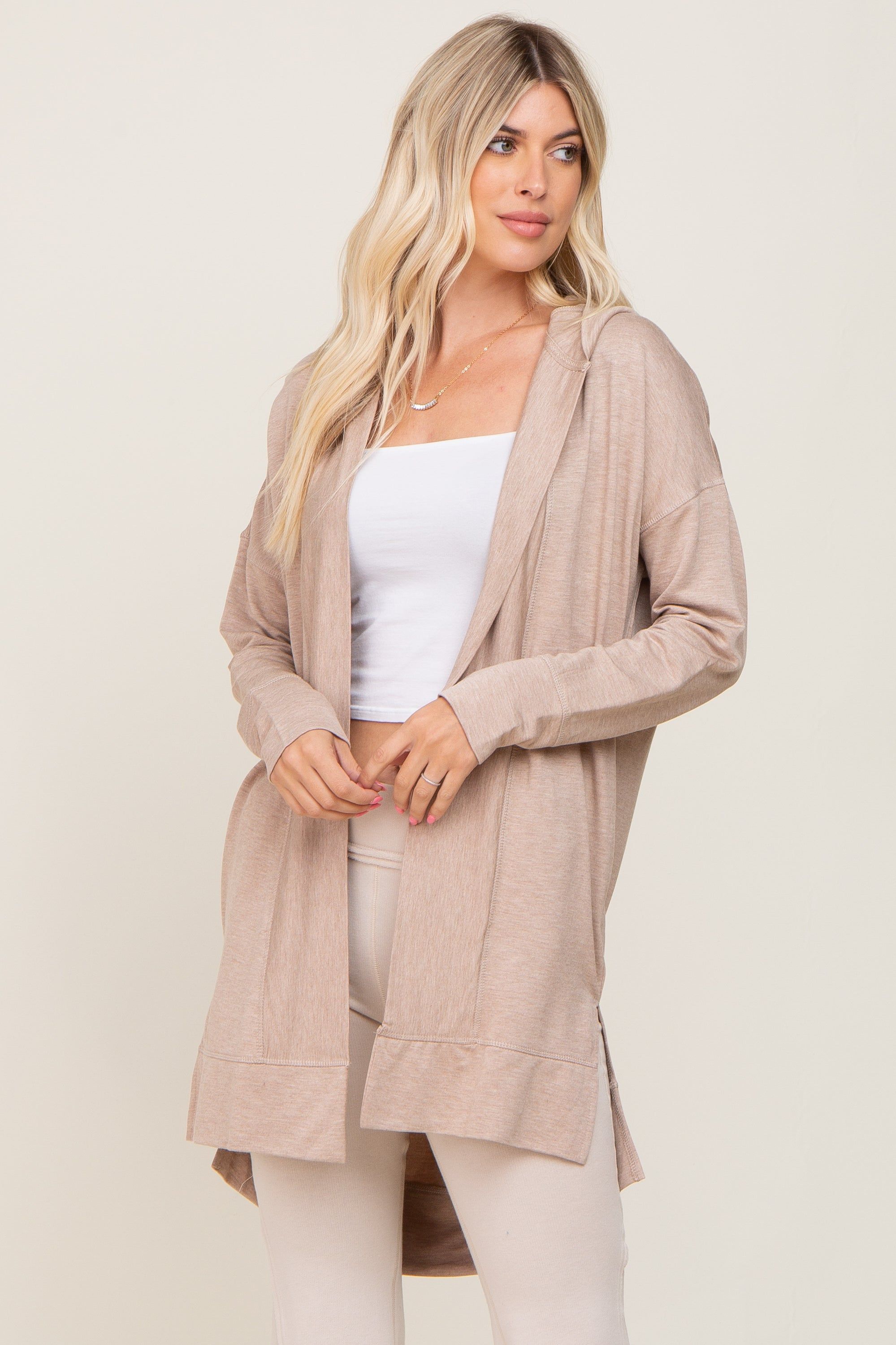 Beige Side Slit Hooded Cardigan sold by Pinkblush