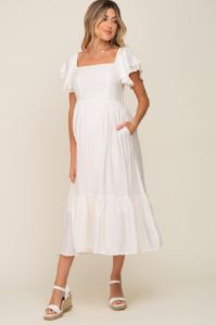 Cream Flutter Sleeve Maternity Midi Dress sold by Pinkblush
