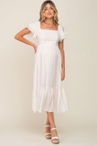Cream Flutter Sleeve Maternity Midi Dress sold by Pinkblush