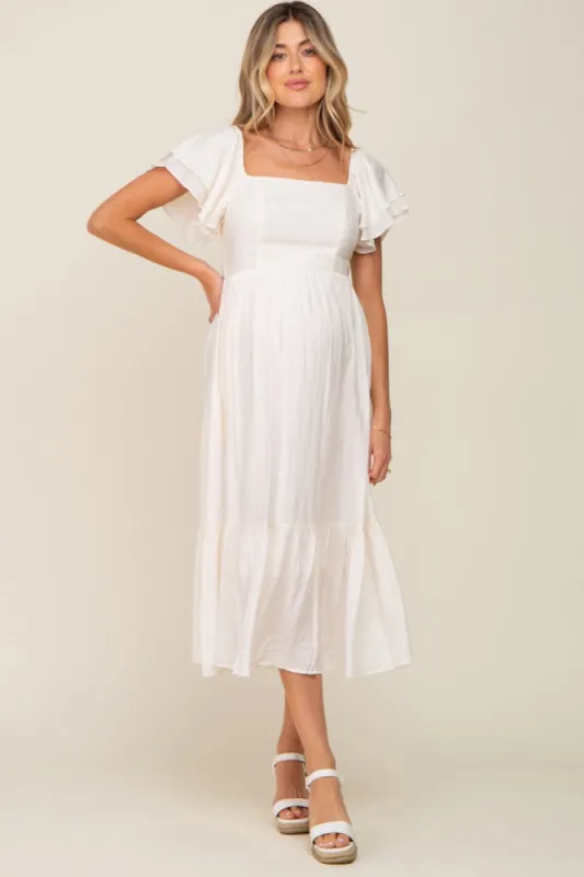 Cream Flutter Sleeve Maternity Midi Dress sold by Pinkblush