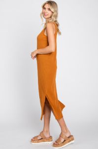 Camel Basic Ribbed Side Slit Midi Dress sold by Pinkblush