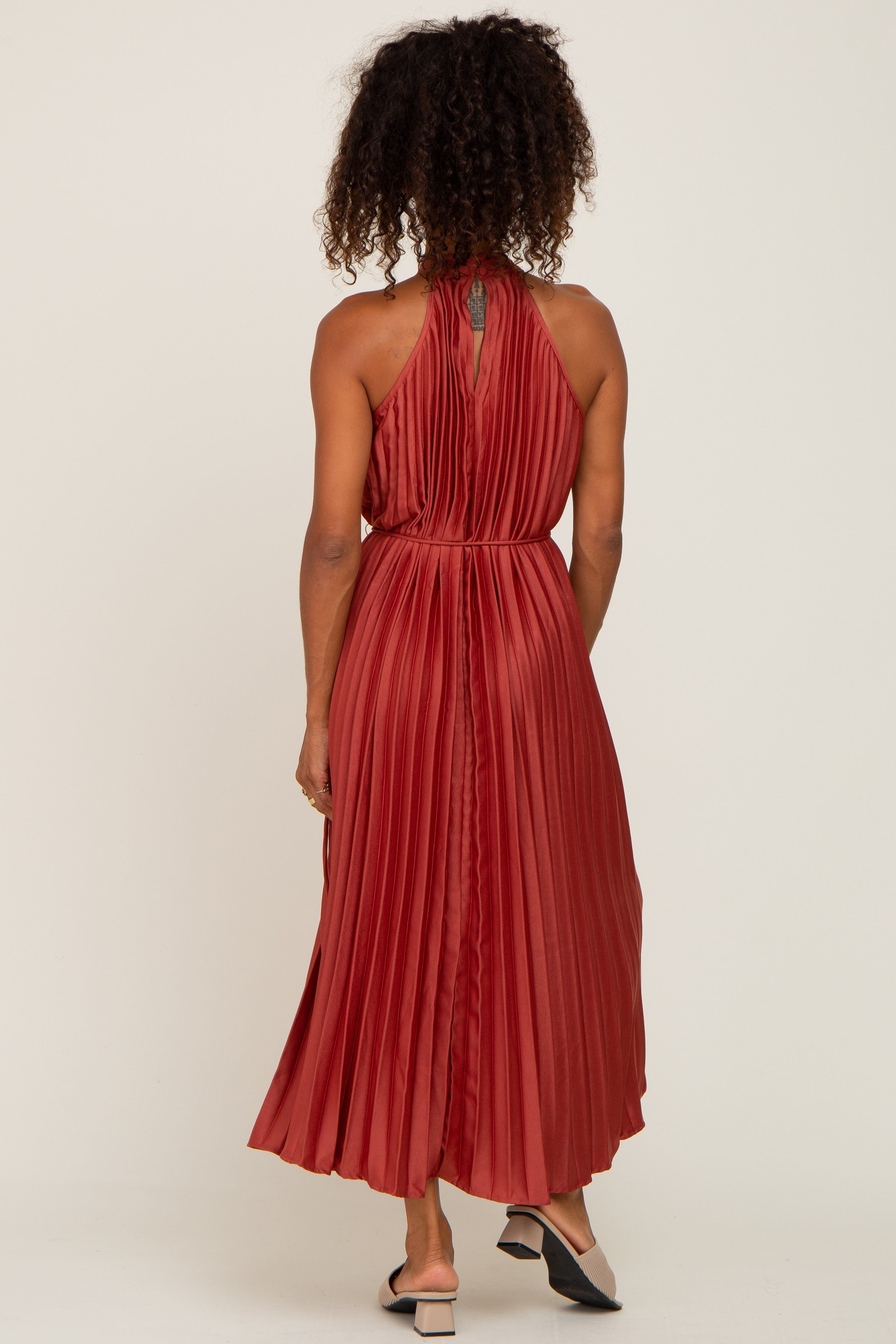 Rust Pleated Halter Dress sold by Pinkblush product image thumbnail 3