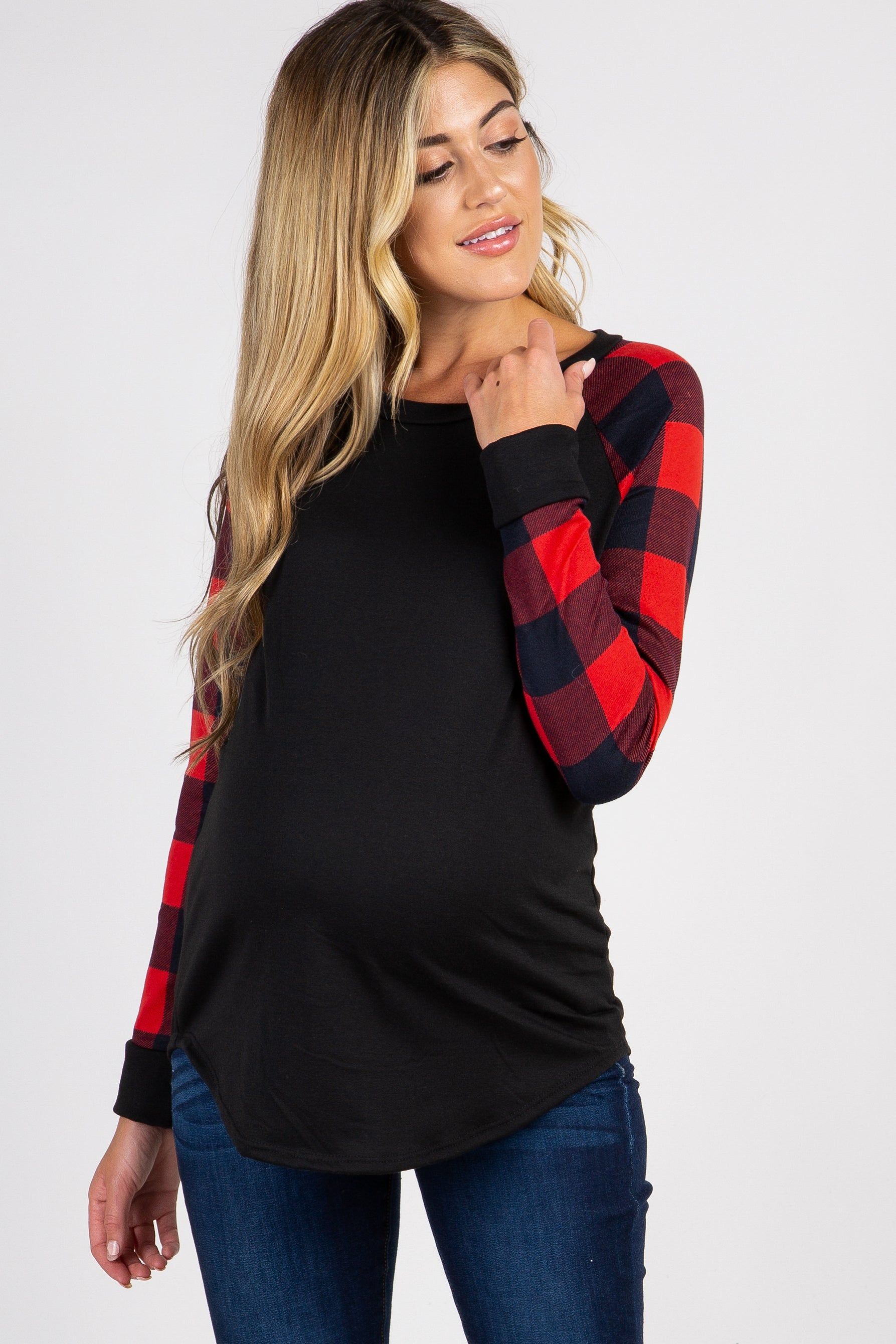 PinkBlush Red Solid Long Plaid Sleeve Maternity Top sold by Pinkblush