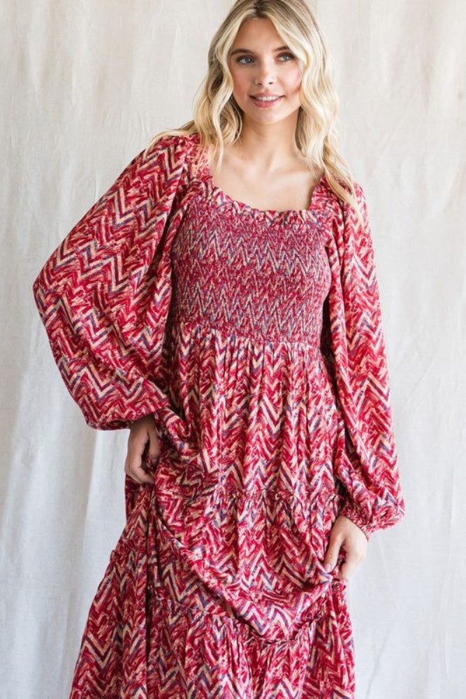 Red Chevron Print Smocked Tiered Midi Dress sold by Pinkblush product image thumbnail 4