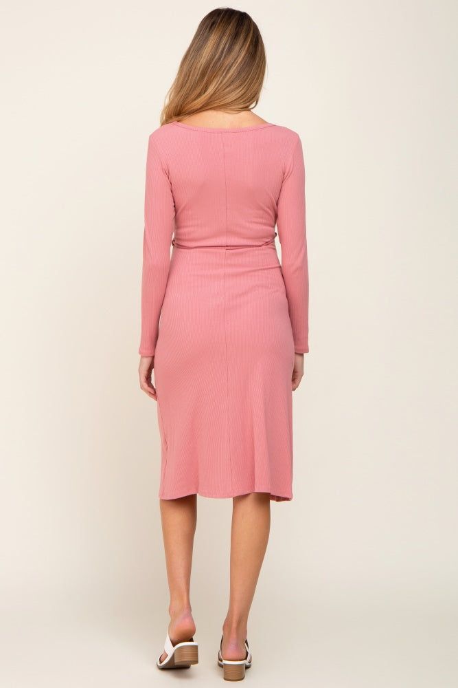 Pink Rib Knit Long Sleeve Maternity Wrap Midi Dress sold by Pinkblush product image thumbnail 3