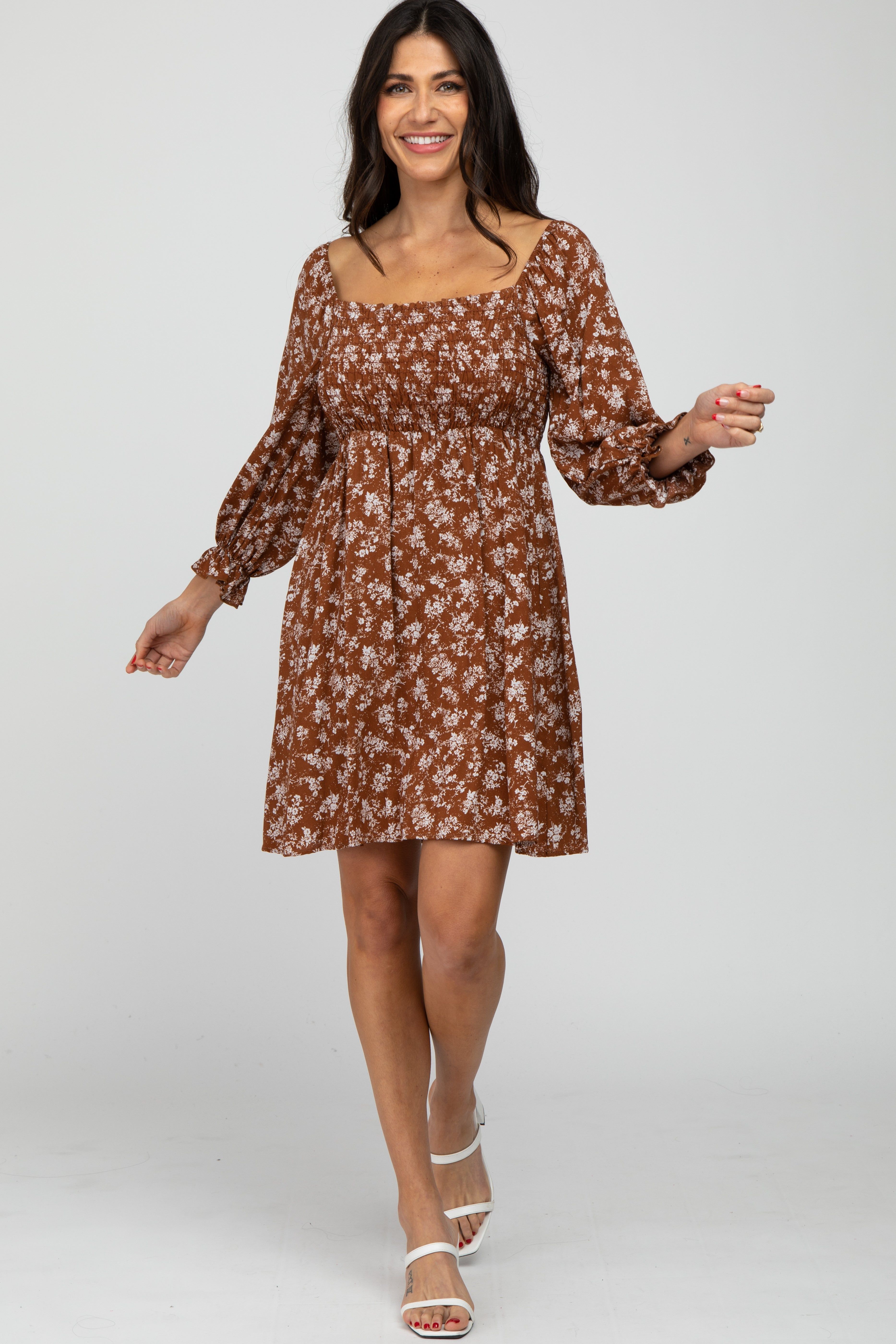 Brown Floral Smocked Smocked Dress sold by Pinkblush