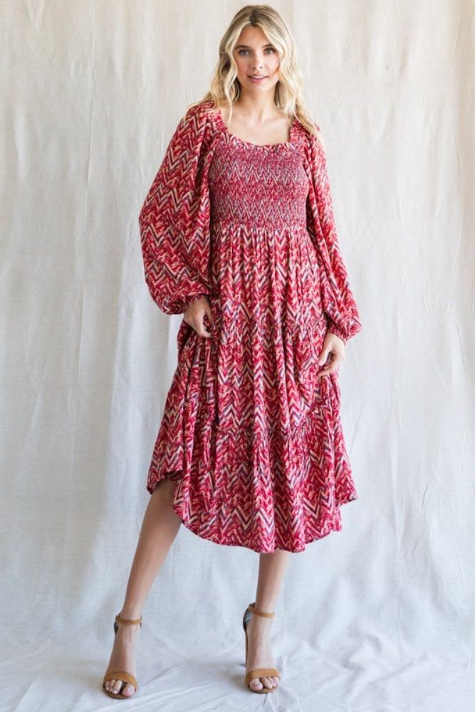 Red Chevron Print Smocked Tiered Midi Dress sold by Pinkblush
