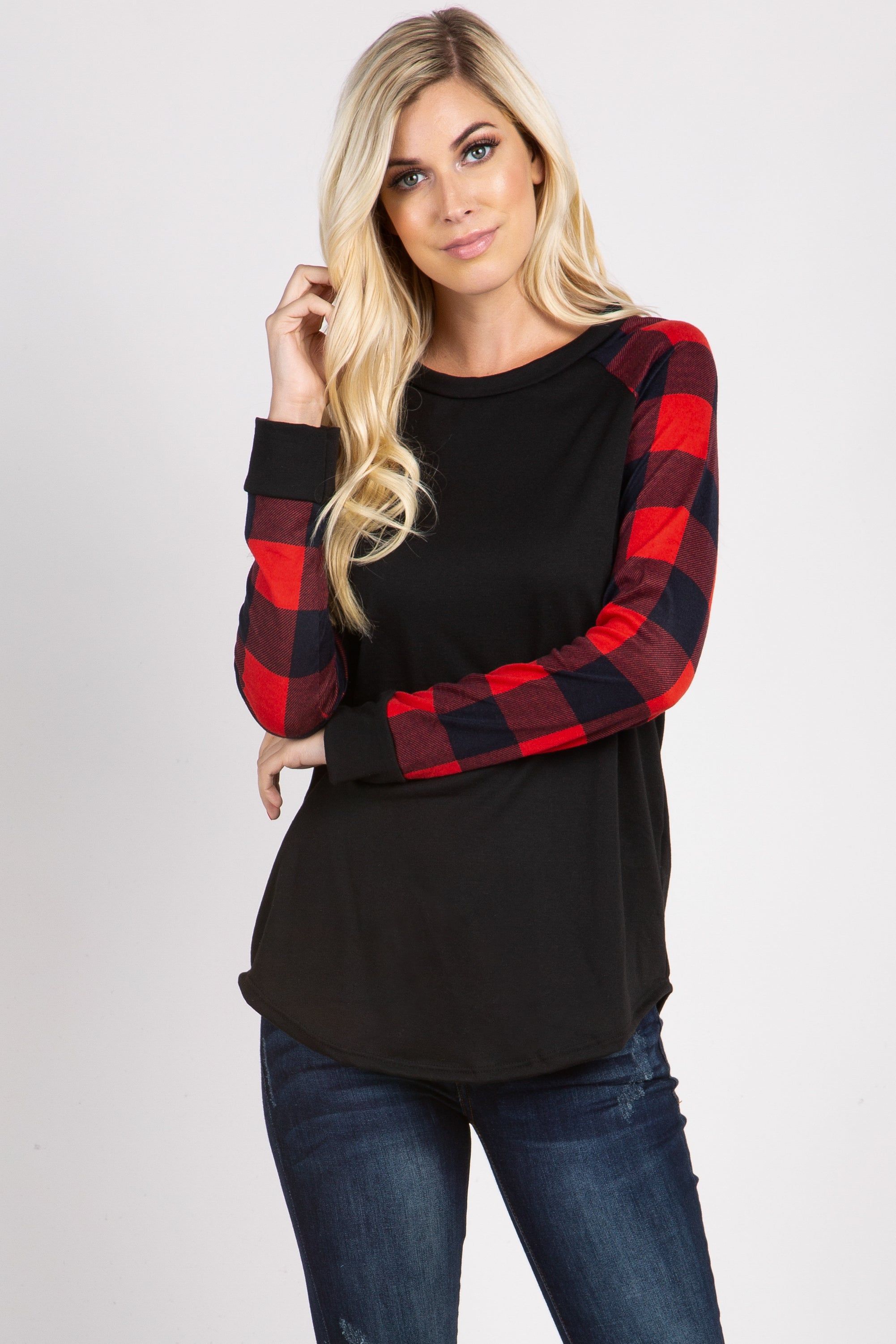PinkBlush Red Solid Long Plaid Sleeve Maternity Top sold by Pinkblush product image thumbnail 5