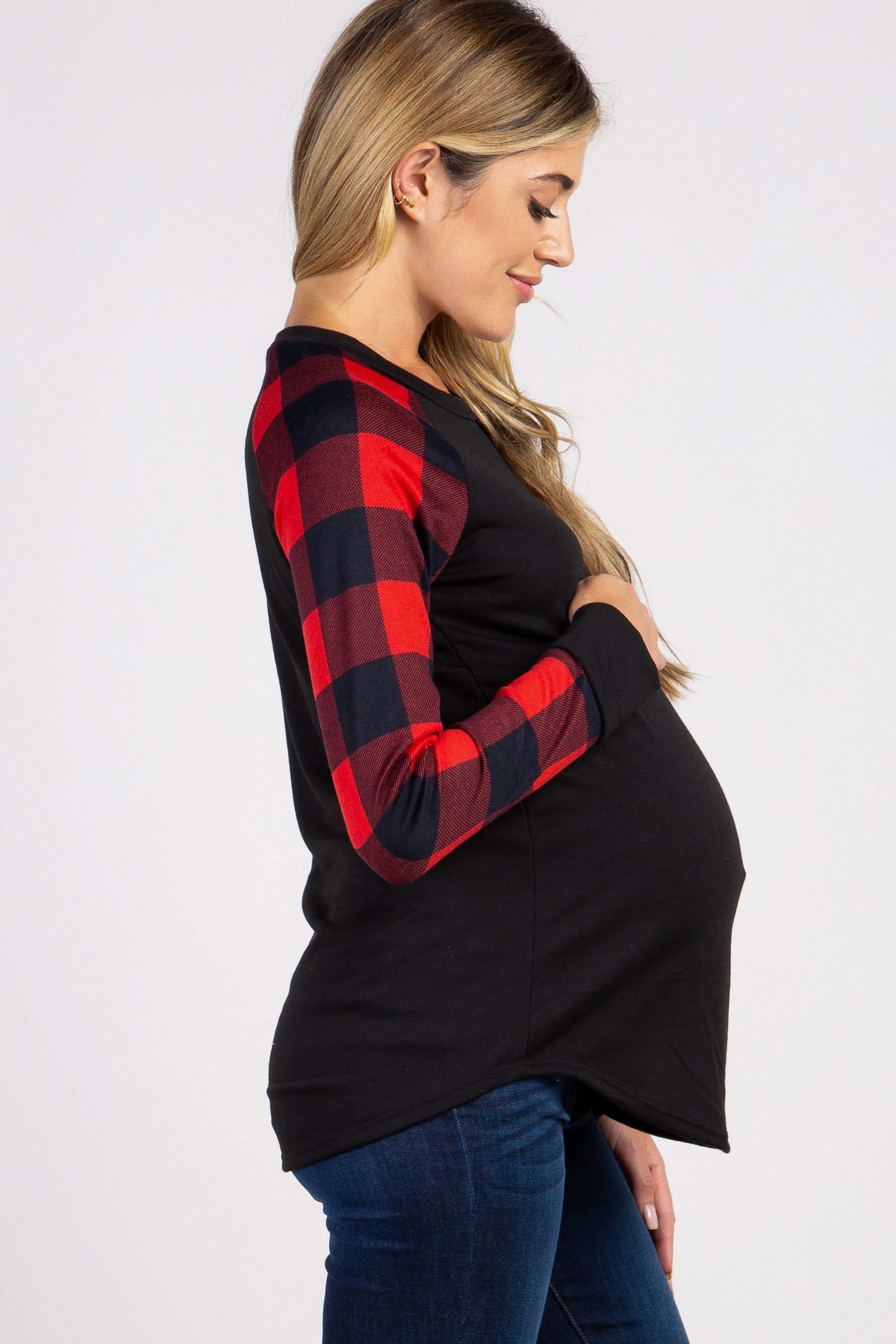 PinkBlush Red Solid Long Plaid Sleeve Maternity Top sold by Pinkblush product image thumbnail 2