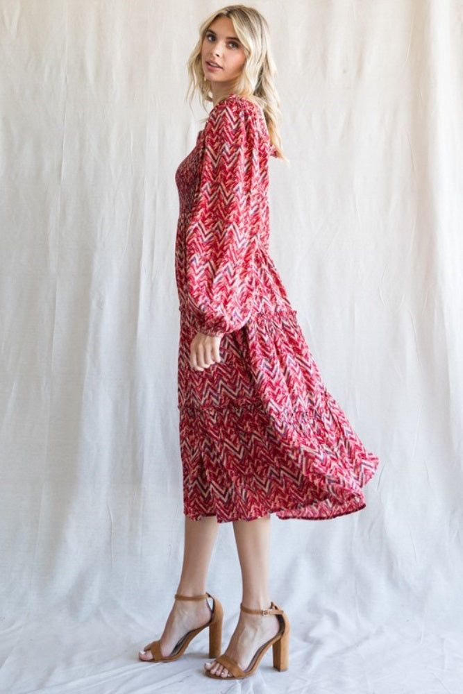 Red Chevron Print Smocked Tiered Midi Dress sold by Pinkblush product image thumbnail 2