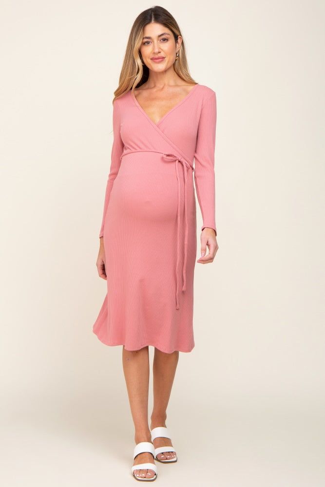 Pink Rib Knit Long Sleeve Maternity Wrap Midi Dress sold by Pinkblush
