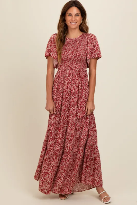 Burgundy Floral Smocked Flutter Sleeve Maxi Dress sold by Pinkblush