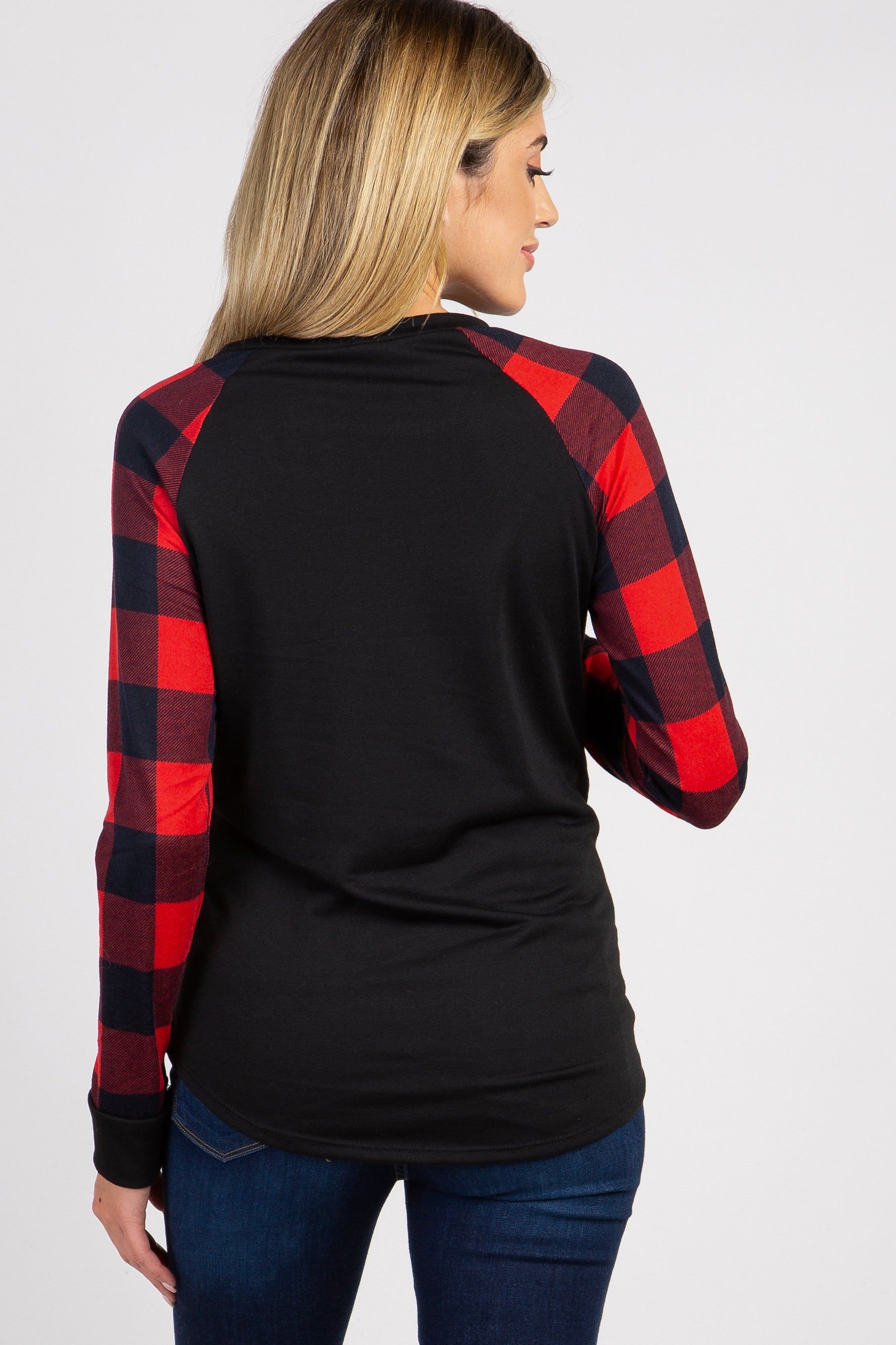 PinkBlush Red Solid Long Plaid Sleeve Maternity Top sold by Pinkblush product image thumbnail 3
