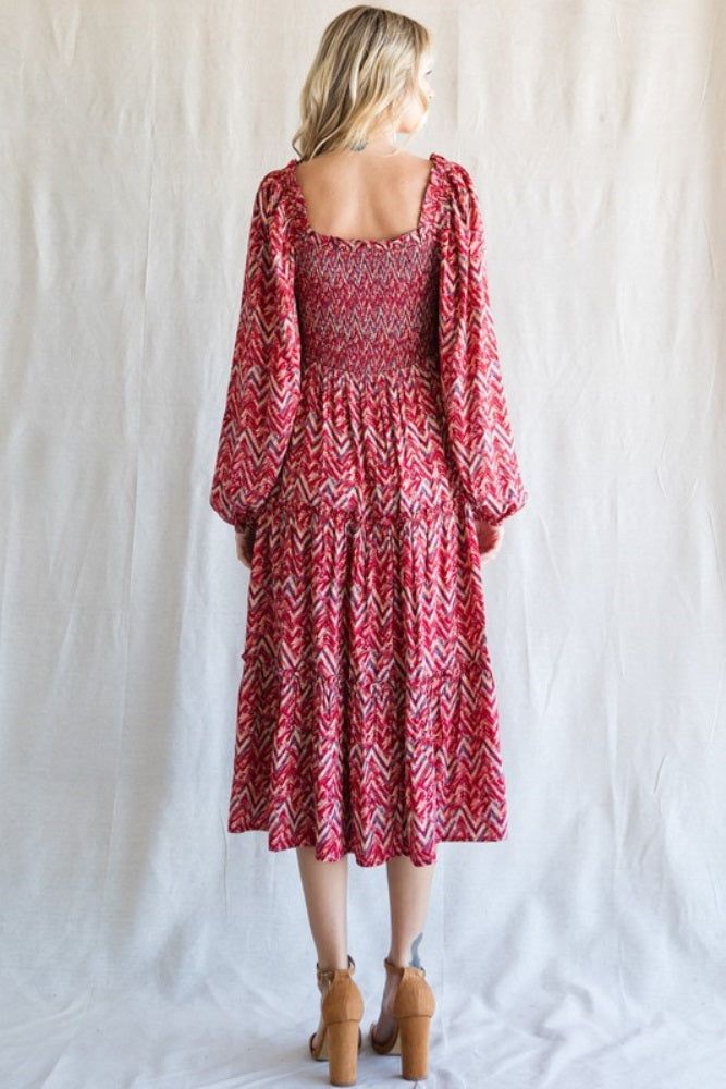 Red Chevron Print Smocked Tiered Midi Dress sold by Pinkblush product image thumbnail 3