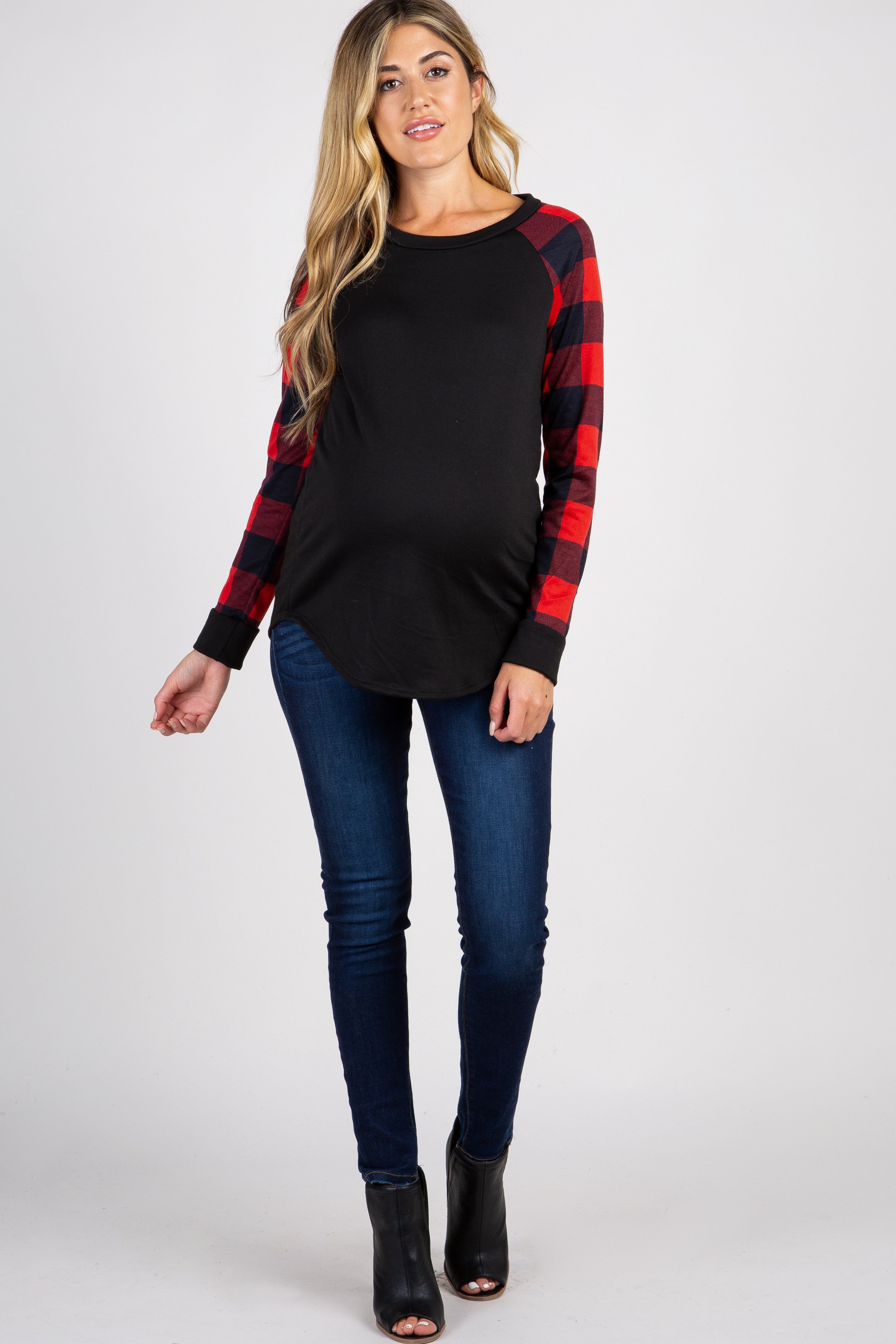 PinkBlush Red Solid Long Plaid Sleeve Maternity Top sold by Pinkblush product image thumbnail 4