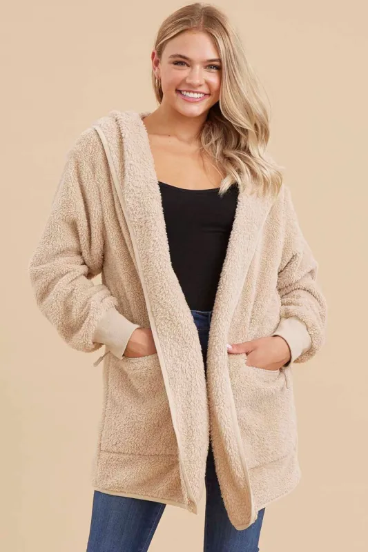 Beige Fuzzy Knit Hooded Jacket sold by Pinkblush