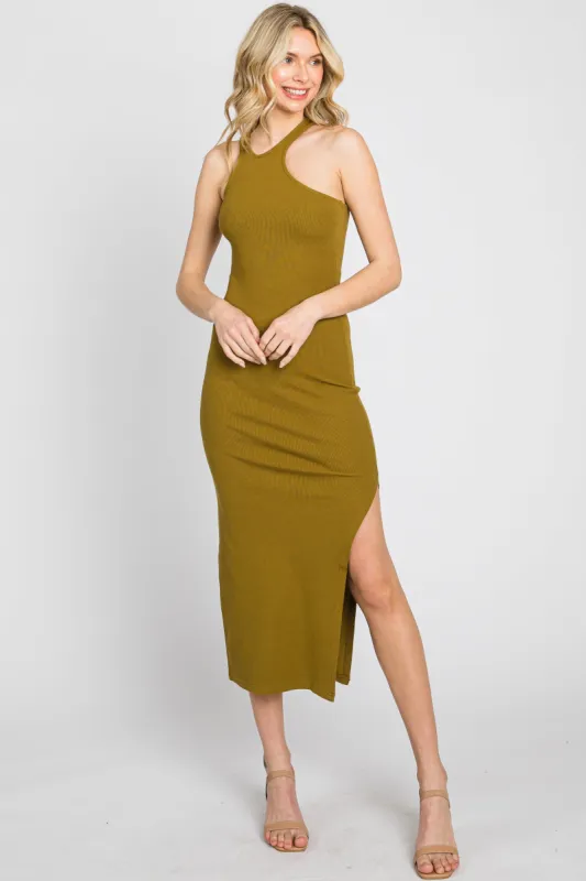 Olive One Shoulder Cutout Side Slit Midi Dress sold by Pinkblush